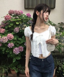 anyonemore（エニワンモア）の「レースリボンオープンパフ半袖ブラウス（シャツ/ブラウス・レディース）」
