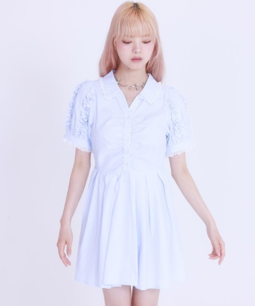 FickleBebe(フィクルベベ)の「ラッフルレースシャツワンピース(ワンピース・レディース・サックスブルー・1/0)」の4枚目の写真
