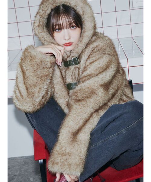 セール】ベルトフードファージャケット/ファーコート（ブルゾン