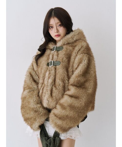 セール】ベルトフードファージャケット/ファーコート（ブルゾン