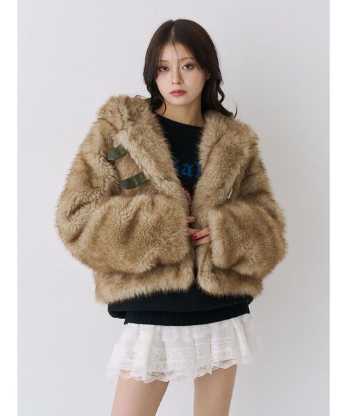 セール】ベルトフードファージャケット/ファーコート（ブルゾン