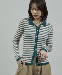 Y's ボーダーニット　グリーン✖️ネイビー THREE FIFTY STANDARD 綿混素材の太ボーダーニットセーター