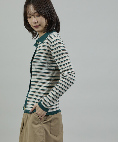 ウォッシャブル マルチボーダーポロニット/ ポロ襟 カーディガン