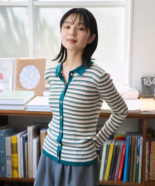 新色・サイズ追加＞ウォッシャブル マルチボーダーポロニット/ ポロ襟