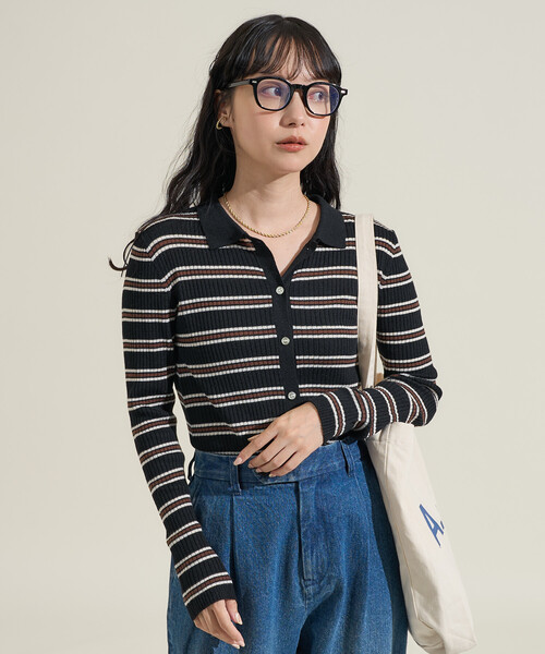 新色・サイズ追加＞ウォッシャブル マルチボーダーポロニット