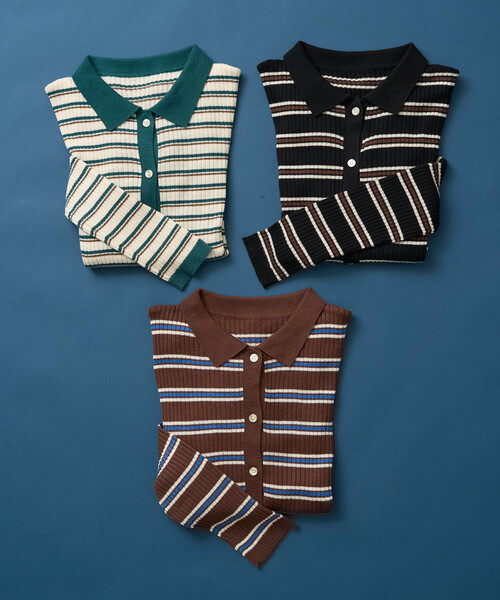 新色・サイズ追加＞ウォッシャブル マルチボーダーポロニット