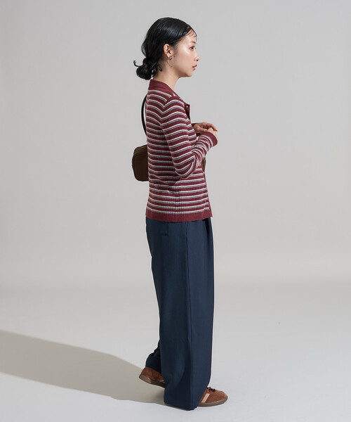 新色・サイズ追加＞ウォッシャブル マルチボーダーポロニット/ ポロ襟