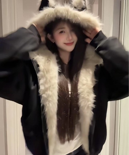 セール】ふわふわ猫耳フード付きルーズジップブルゾン（ブルゾン