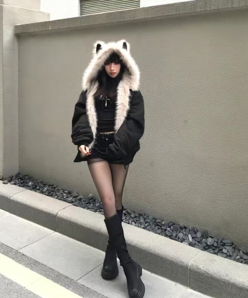 セール】ふわふわ猫耳フード付きルーズジップブルゾン（ブルゾン