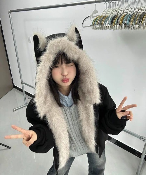 セール】ふわふわ猫耳フード付きルーズジップブルゾン（ブルゾン