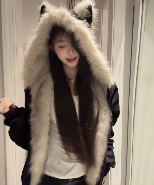 セール】ふわふわ猫耳フード付きルーズジップブルゾン(ブルゾン セール】ふわふわ猫耳フード付きルーズジップブルゾン(ブルゾン