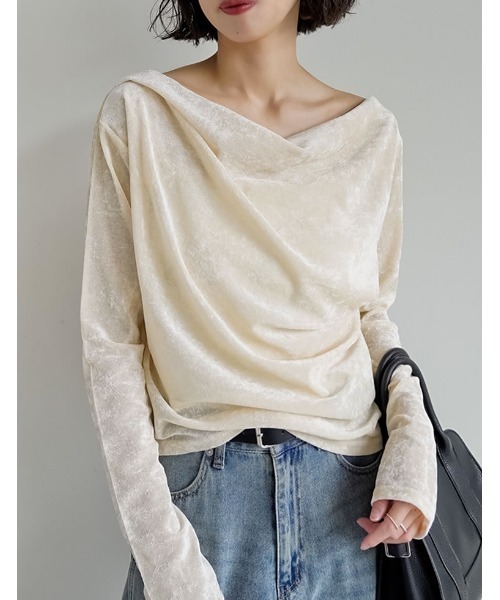 Re:EDIT(リエディ)の「シアーフロッキードレープ長袖トップス(Tシャツ/カットソー・レディース・チャコールグレー/ブラック/ブラウン/アイボリー・MEDIUM/LARGE)」の2枚目の写真