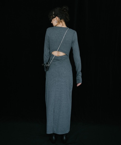 HEBANE ロングワンピース ネイビーセルフカット可能MORE ME企画 セルフカットリブサムホール長袖ロングワンピース（ワンピース