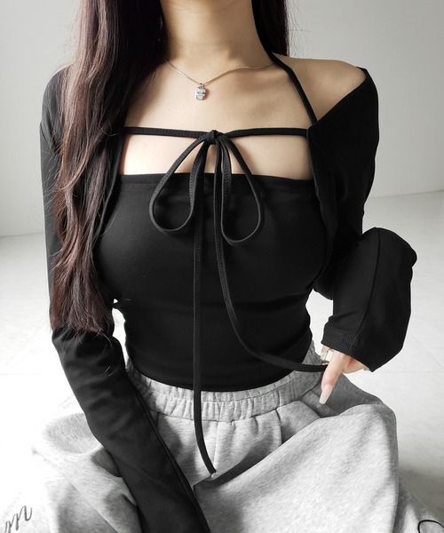 me+em select(ミームセレクト)の「【 2点セット 】フロントリボン長袖ショートカーディガン+ ホルターキャミソール SET / front ribbon longsleeve short cardigan + halter camisole SET(アンサンブル・レディース・ホワイト/グレー/ブラック・FREE)」の15枚目の写真