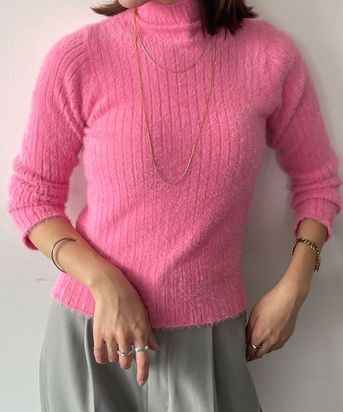Ampirula（アンピルーラ）の「ニット リブニット トップス 長袖 ハイネック プルオーバー 秋 冬（ニット/セーター・レディース・ピンク/アイボリー/ブラック・FREE）」の10枚目の写真