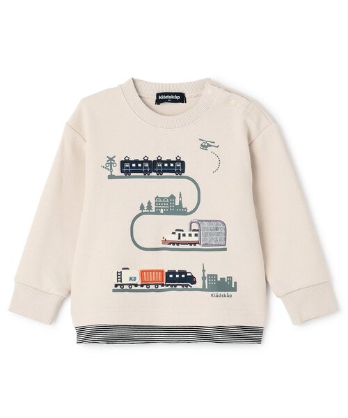 kladskap（クレードスコープ）の「【人気商品再入荷】【直営店で取り扱い無し】電車アップリケ裾ボーダートレーナー（スウェット・キッズ・ライトベージュ/レッド・90cm/100cm/110cm/120cm）」の2枚目の写真