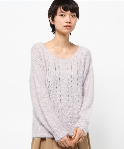 one after another NICE CLAUP（ワンアフターアナザーナイスクラップ）の「【ナイスクラップ】フェザーケーブルニット（ニット/セーター・レディース・グレー/アイボリー/ピンク/ブラック・FREE）」の4枚目の写真