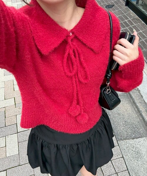 continuer de NICE CLAUP(コンティニューデナイスクラップ)の「【HolidayCollection】フェザーポロニット(ニット/セーター・レディース・ブラック/アイボリー/レッド・FREE)」の11枚目の写真