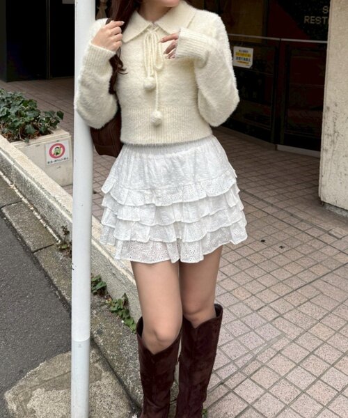 continuer de NICE CLAUP(コンティニューデナイスクラップ)の「【HolidayCollection】フェザーポロニット(ニット/セーター・レディース・ブラック/アイボリー/レッド・FREE)」の1枚目の写真