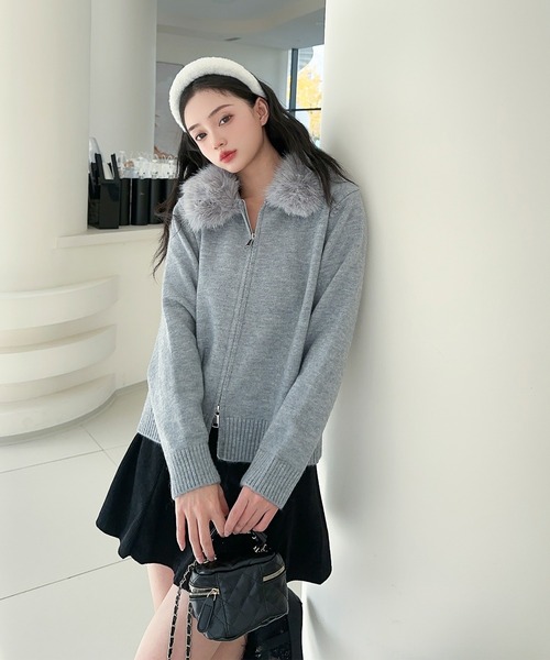 セール】【Jasmine】ボリュームファーフードニットジップアップ