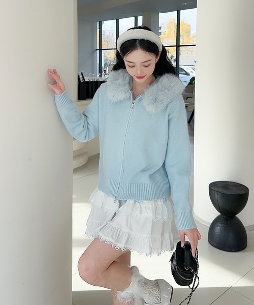 セール】【Jasmine】ボリュームファーフードニットジップアップ