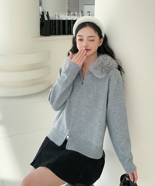 セール】【Jasmine】ボリュームファーフードニットジップアップ