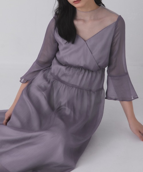 Rose of Sharon(ローズオブシャロン)の「シアー切替カシュクール風フレアドレス(ドレス・レディース・ネイビー/チャコール/モカ/ダークラベンダー/カーキ/ブラック・S/M/L)」の6枚目の写真