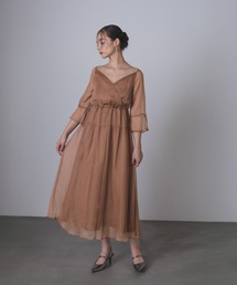 シアー切替カシュクール風フレアドレス