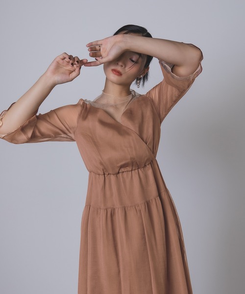 Rose of Sharon(ローズオブシャロン)の「シアー切替カシュクール風フレアドレス(ドレス・レディース・ネイビー/チャコール/モカ/ダークラベンダー/カーキ/ブラック・S/M/L)」の7枚目の写真