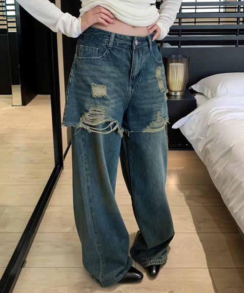 Sibra(シブラ)の「レイヤード風カットオフデニムワイドパンツ(デニムパンツ・レディース・ブルー・M/S)」の3枚目の写真