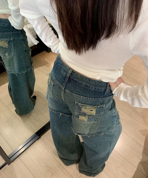 Sibra(シブラ)の「レイヤード風カットオフデニムワイドパンツ(デニムパンツ・レディース・ブルー・M/S)」の4枚目の写真