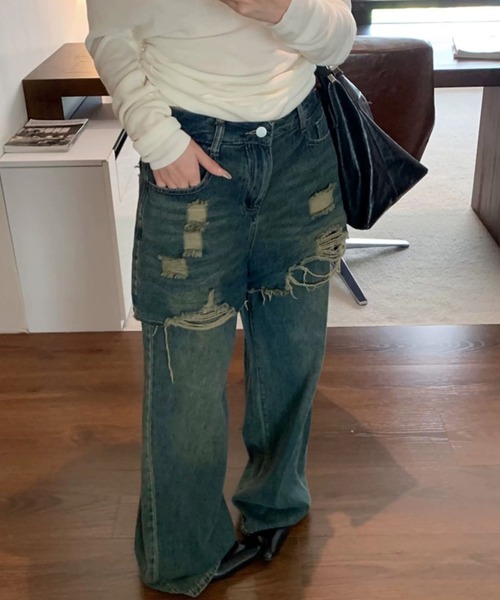 Sibra(シブラ)の「レイヤード風カットオフデニムワイドパンツ(デニムパンツ・レディース・ブルー・M/S)」の5枚目の写真