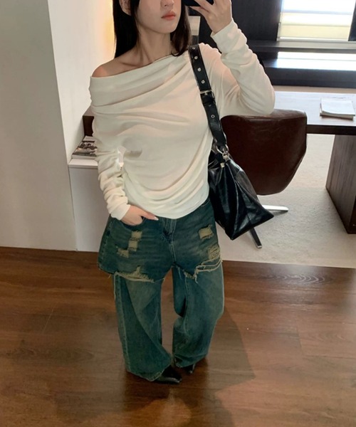 Sibra(シブラ)の「レイヤード風カットオフデニムワイドパンツ(デニムパンツ・レディース・ブルー・M/S)」の6枚目の写真