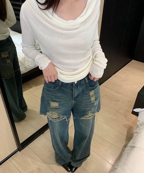 Sibra(シブラ)の「レイヤード風カットオフデニムワイドパンツ(デニムパンツ・レディース・ブルー・M/S)」の7枚目の写真