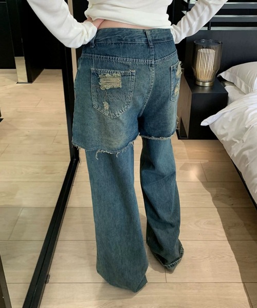 Sibra(シブラ)の「レイヤード風カットオフデニムワイドパンツ(デニムパンツ・レディース・ブルー・M/S)」の8枚目の写真