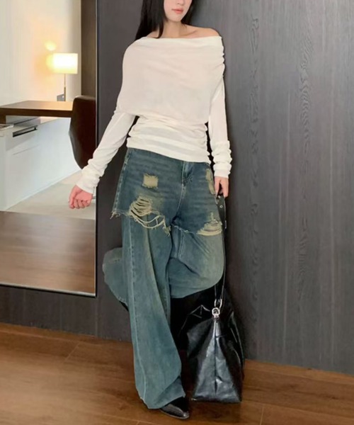 Sibra(シブラ)の「レイヤード風カットオフデニムワイドパンツ(デニムパンツ・レディース・ブルー・M/S)」の10枚目の写真
