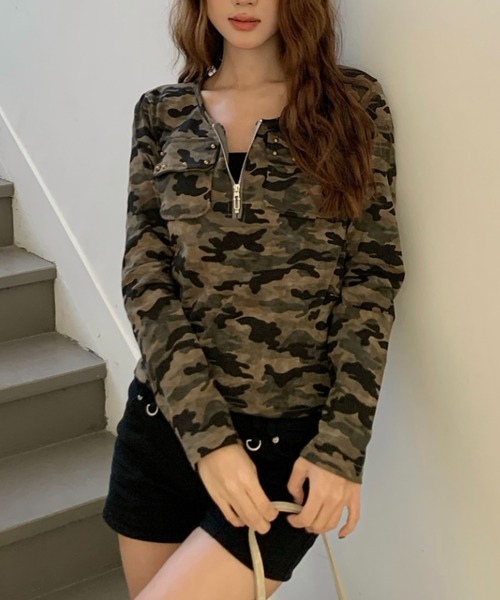 ViViDAY（ビビデー）の「カモフラ柄ジップアップ長袖カットソー（Tシャツ/カットソー・レディース・カーキ/グレー・M）」の8枚目の写真