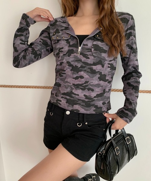 ViViDAY（ビビデー）の「カモフラ柄ジップアップ長袖カットソー（Tシャツ/カットソー・レディース・カーキ/グレー・M）」の11枚目の写真