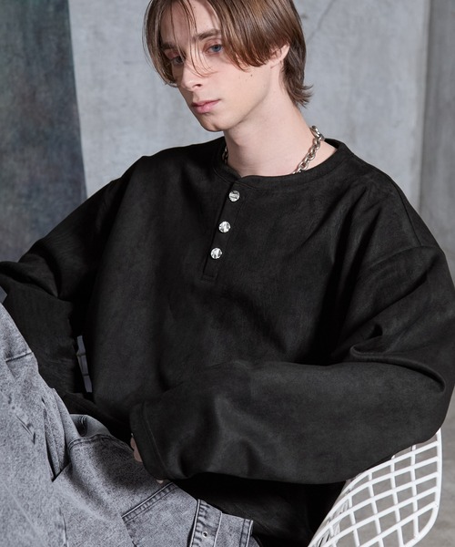 SERACE（セラス）の「【SERACE】Suede like loose henry neck long tee / スウェードライクルーズヘンリーネックロンT（Tシャツ/カットソー・メンズ・グレー/ブラック・S/M/L）」の13枚目の写真