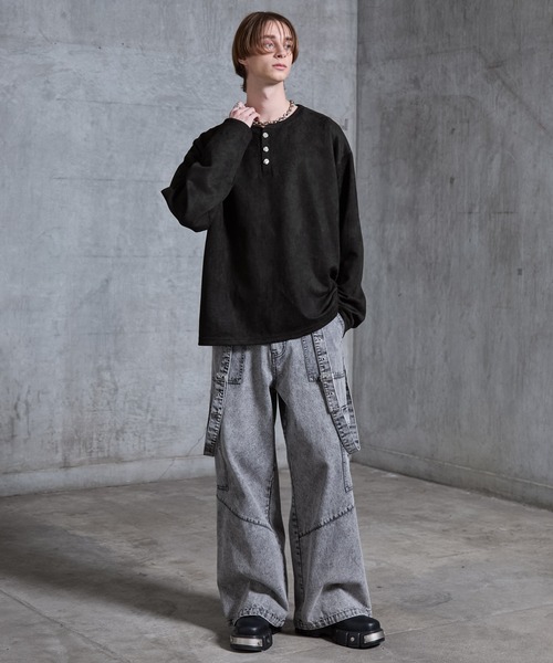 SERACE（セラス）の「【SERACE】Suede like loose henry neck long tee / スウェードライクルーズヘンリーネックロンT（Tシャツ/カットソー・メンズ・グレー/ブラック・S/M/L）」の14枚目の写真