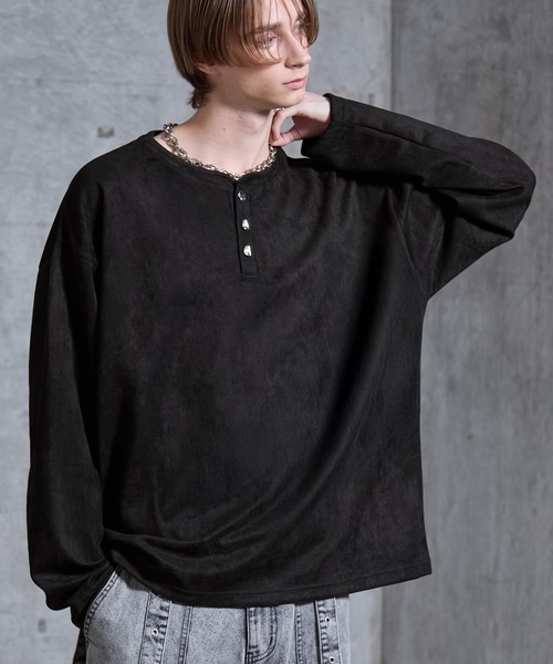 SERACE（セラス）の「【SERACE】Suede like loose henry neck long tee / スウェードライクルーズヘンリーネックロンT（Tシャツ/カットソー・メンズ・グレー/ブラック・S/M/L）」の5枚目の写真