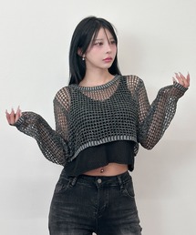 メッシュショートニット×ニットキャミ セット