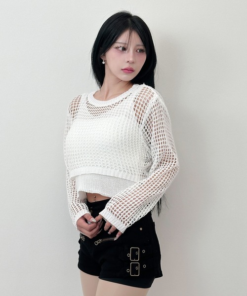 FOLLOWIN(フォロウィン)の「メッシュショートニット×ニットキャミ セット(ニット/セーター・レディース・ホワイト/グレー・FREE)」の9枚目の写真