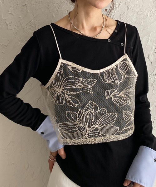 She's Closet（シーズクローゼット）の「花柄刺繍シアー ビスチェ チュール キャミソール（キャミソール・レディース・ブラック/アイボリー・FREE）」の2枚目の写真