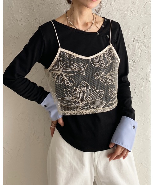 She's Closet（シーズクローゼット）の「花柄刺繍シアー ビスチェ チュール キャミソール（キャミソール・レディース・ブラック/アイボリー・FREE）」の3枚目の写真