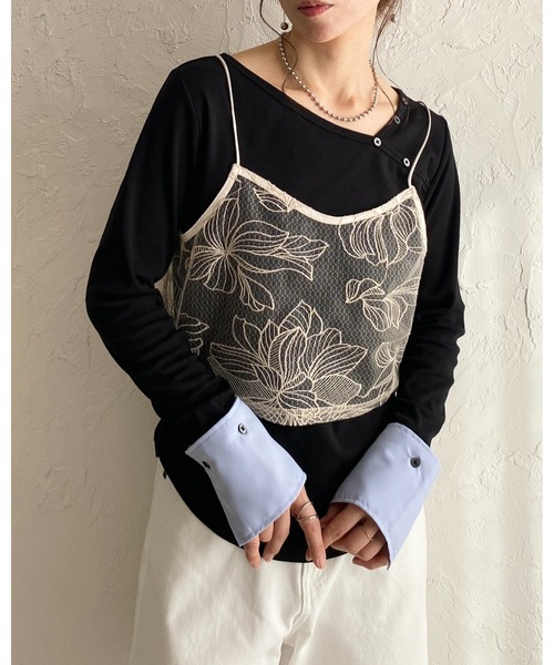 She's Closet（シーズクローゼット）の「花柄刺繍シアー ビスチェ チュール キャミソール（キャミソール・レディース・ブラック/アイボリー・FREE）」の4枚目の写真