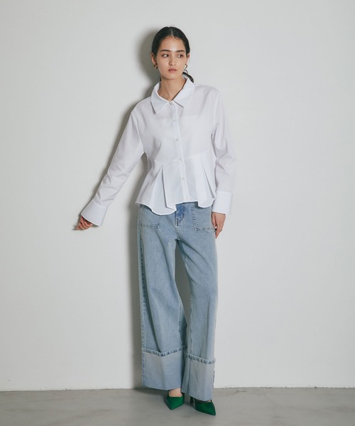 ARVELLIA(アルベリア)の「FLARE HEM PLEATED SHIRT(シャツ/ブラウス・レディース・イエロー/ホワイト・M)」の8枚目の写真
