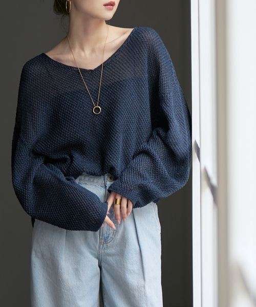 Noble（ノーブル）の「《WEB＆日本橋・ルクア店限定・追加》ペーパーヤーン カノコBACK Vプルオーバー（ニット/セーター・レディース・ネイビー/アイボリー/ピンク系その他・FREE）」の2枚目の写真