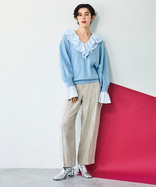 mensha!(メンシャ)の「mensha! まるでレイヤード!?ガーゼブラウスを着たみたいなVネック2‐WAYニット(その他トップス・レディース・アイボリー/ブラック/ブルー・M/L/LL/3L)」の4枚目の写真