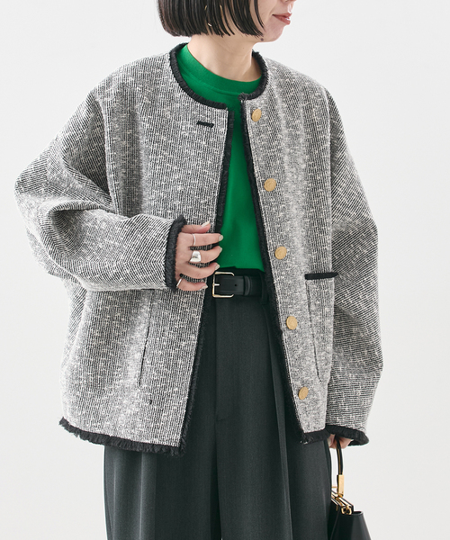 journal standard L'essage(ジャーナルスタンダードレサージュ)の「【一部店舗&WEB限定】GIOLICATWEED ドルマンジャケット 3(ノーカラージャケット・レディース・ブラック×ブラック・FREE)」の1枚目の写真